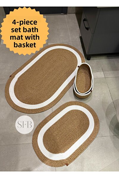 HomeTurko Σετ 4 τεμαχίων από γιούτα, ψάθινο σετ πατάκι μπάνιου, σετ σφουγγαρίστρας που πλένεται, οικιακό δώρο, σφουγγαρίστρα προίκας
