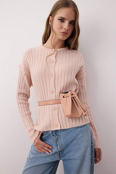 Trendyol Collection Powder More Sustainable Basic Ribbed Wide Fit Knitwear Cardigan Twoaw26Hi00128