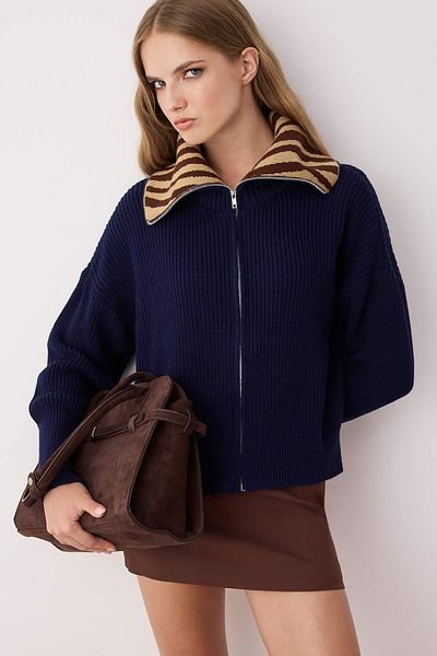 Trendyol Collection Navy Blue*002 Wide Fit Leopard Print Turn-Down Collar Zip-Up Knitwear Cardigan Twoaw24Hi00072