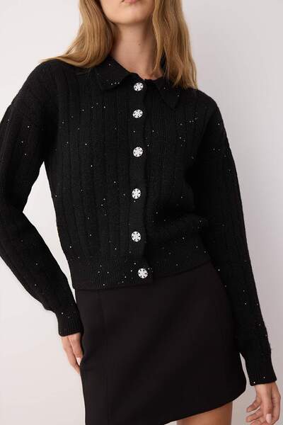 Trendyol Collection Black Woolen Sequined Yarn Button Detailed Knitwear Cardigan Twoaw26Hi00037