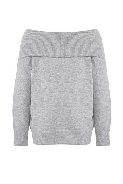 Trendyol Collection Gray Soft Textured Carmen Collar Knitwear Sweater Twoaw20Kz1519