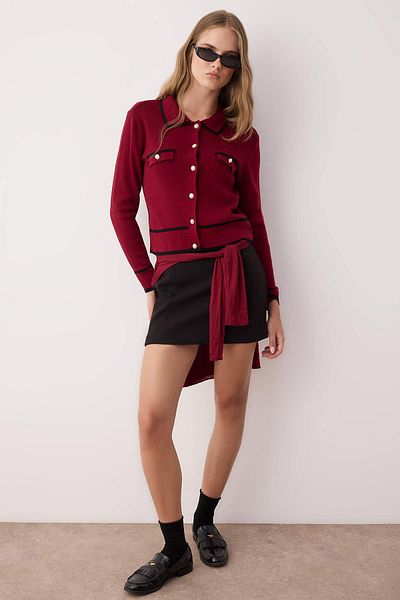 Trendyol Collection Burgundy Color Blocked Polo Neck Knitwear Cardigan Twoaw25Hi00300