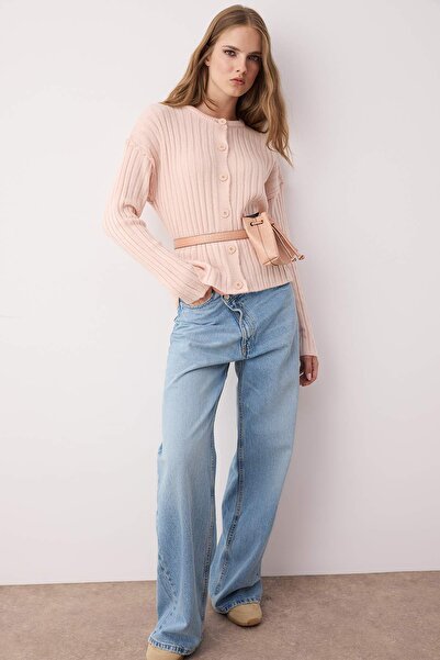 Trendyol Collection More Sustainable Powder Basic Ribbed Wide Fit Knitwear Cardigan Twoaw26Hi00128