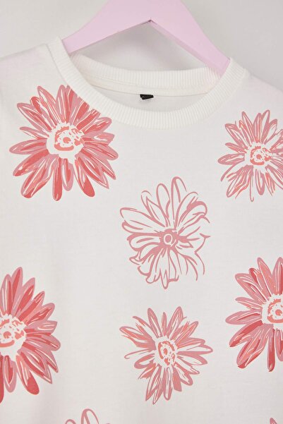 TRENDYOLKIDS Powder Cotton Floral Printed Girl's Knitted Sweatshirt and Sweatpants Bottom - Top Set Tkdaw25Au00162