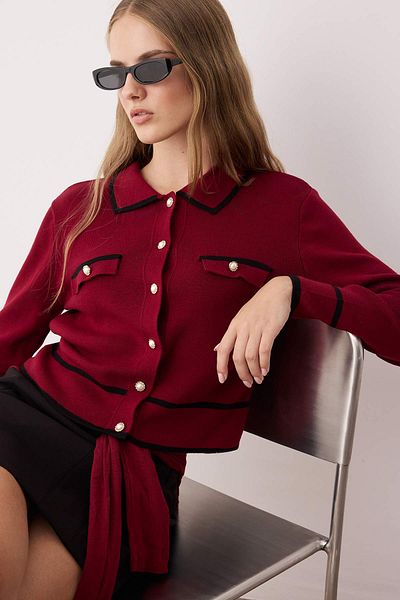 Trendyol Collection Burgundy Color Blocked Polo Neck Knitwear Cardigan Twoaw25Hi00300
