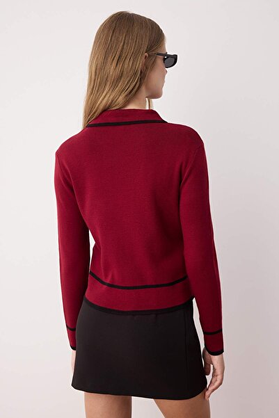 Trendyol Collection Burgundy Color Blocked Polo Neck Knitwear Cardigan Twoaw25Hi00300
