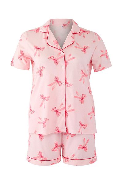 Trendyol Curve Powder Bow Patterned Piping Shirt Collar Knitted Pajamas Set Tbbss25Ai00086