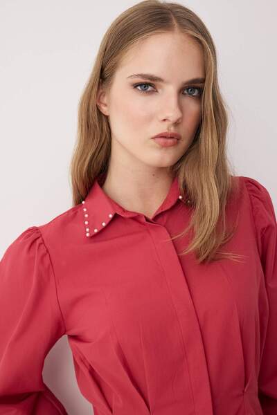 Trendyol Modest Dusty Rose Waist με μαργαριταρένια λεπτομέρεια υφαντό πουκάμισο TCTAW24TG00027