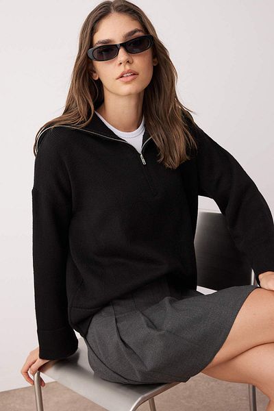 Trendyol Collection Black Wide Fit Soft Textured Zippered Knitwear Sweater Twoaw23Kz00236