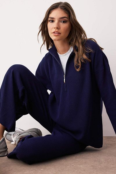 Trendyol Collection Navy Blue Wide Fit Zippered Basic Knitwear Bottom-Top Set Twoss24Au00078
