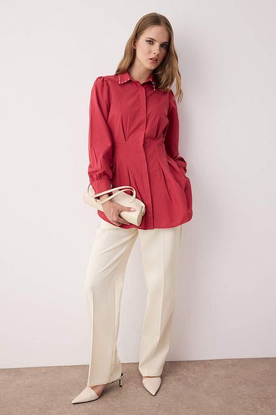 Trendyol Modest Dusty Rose Waist με μαργαριταρένια λεπτομέρεια υφαντό πουκάμισο TCTAW24TG00027