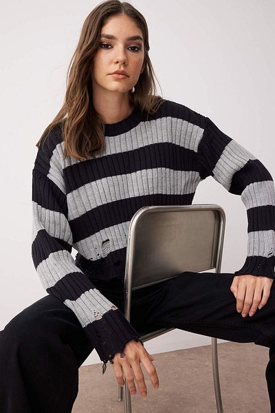 Trendyol Collection Navy Blue Crop Wide Fit Striped Pullover Sweater Twoaw24Kz00905