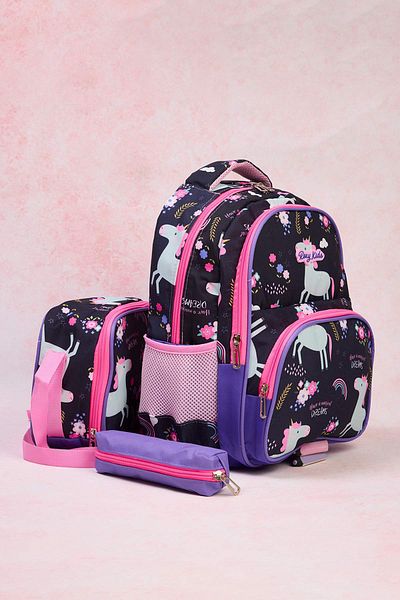 TRENDYOL SHOES Geantă de prânz pentru fete, cu imprimeu unicorn violet, 3 piese, cu suport pentru stilou, ghiozdan TAKAW26OI00007