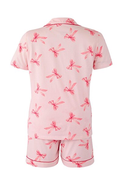 Trendyol Curve Трикотажна піжама з коміром-бантиком з візерунком у вигляді пудрової сорочки з комірцем TBBSS25AI00086