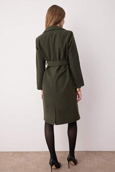 Trendyol Collection Хакі золота кнопка Детальний крузавий приталений міді кашемір пальто TWOAW26KB00017