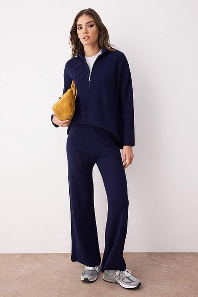 Trendyol Collection Navy Blue Wide Fit Zippered Basic Knitwear Bottom-Top Set Twoss24Au00078