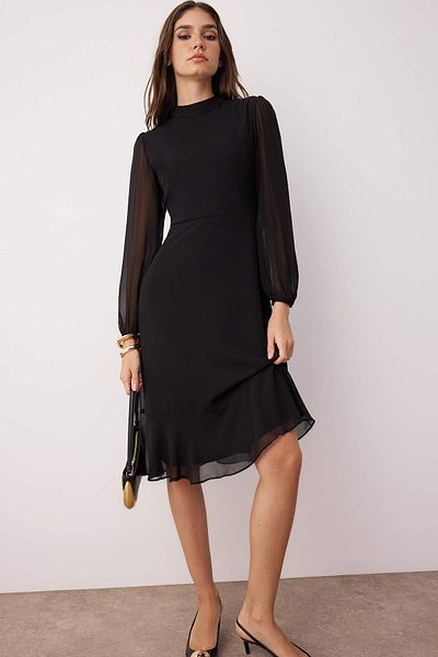 Trendyol Collection Black Midi Chiffon Dress - A-Line, Stand Collar, Lined, Winter - Twoaw20El1313