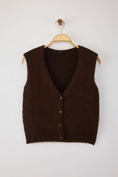 Trendyol Collection Brown V-Neck Wide Fit Soft Texture Cardigan-Vest Knitwear Cardigan Twoaw26Hi00077