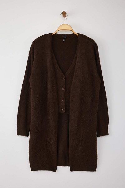 Trendyol Collection Brown V-Neck Wide Fit Soft Texture Cardigan-Vest Knitwear Cardigan Twoaw26Hi00077