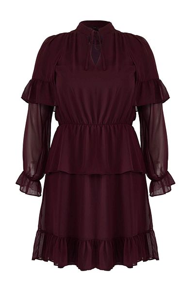 Trendyol Curve Burgundy Chiffon Elastic Waist Flounced Mini Woven Plus Size Dress Tbbaw26Ah00003