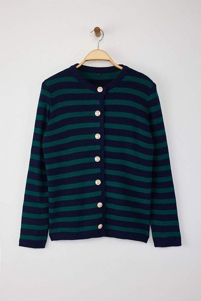 Trendyol Curve Navy-Green Striped Jacket Look Knitwear Cardigan Tbbaw24Av00011