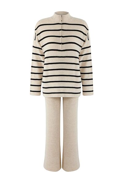 Trendyol Collection Ecru*001 Wide Fit Zippered Striped Basic Knitwear Bottom-Top Set Twoss24Au00078