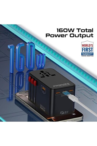 Promate محول سفر صغير الحجم بقوة 160 واط مع مقبس تيار متردد عالمي بقوة 2500 واط، وتقنية GaNFast™، وتقنية Triple PD