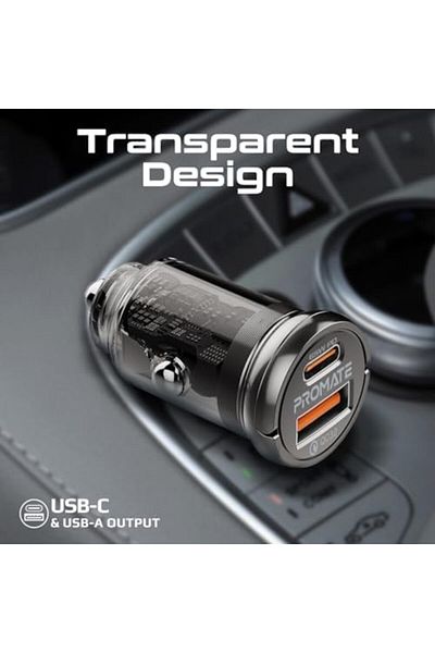 Promate Car Charger, Transparent 65W Ultra-Compact Car Adapter with USB Type-C Port, Qualcomm QC 3.0