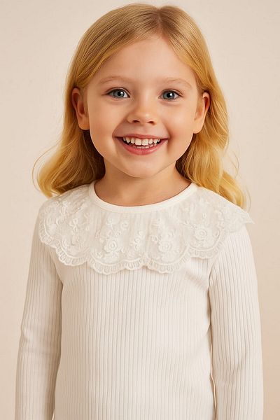 dinamik çocuk Girl's Collar Lace Ribbed Long Sleeve Plain White Badi Seasonal 2-3-4-5-6-7 Years