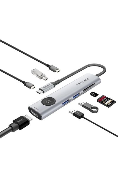 Promate موزع بيانات USB-C عالي السرعة 9 في 1 مع منفذين بسرعة 5 جيجابت في الثانية، وتوصيل طاقة 100 وات، وHDMI بدقة 4K بمعدل 60 هرتز، S