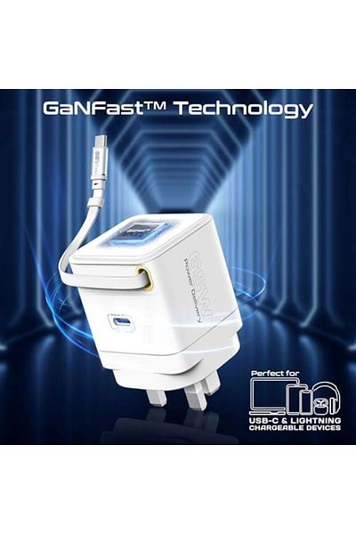 Promate شاحن GaNFast™ بقوة 65 وات مع منفذ USB-C، وكابل مدمج قابل للسحب، وحماية من زيادة التيار، ومتعدد