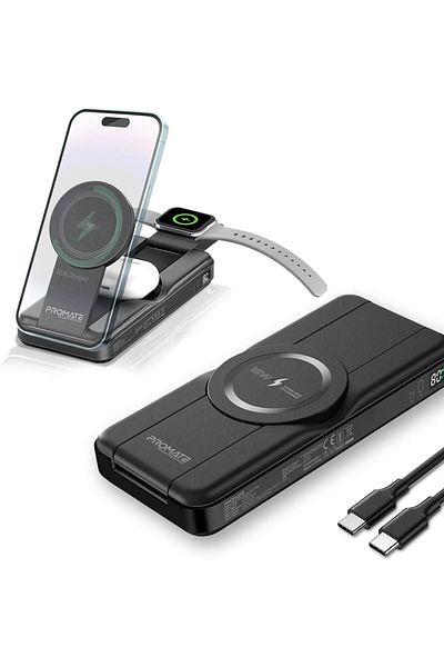 Promate Power Bank 10000 MaH with Foldable Design, 15W MagSafe Compatible Charger, 2W Apple Watch Ch