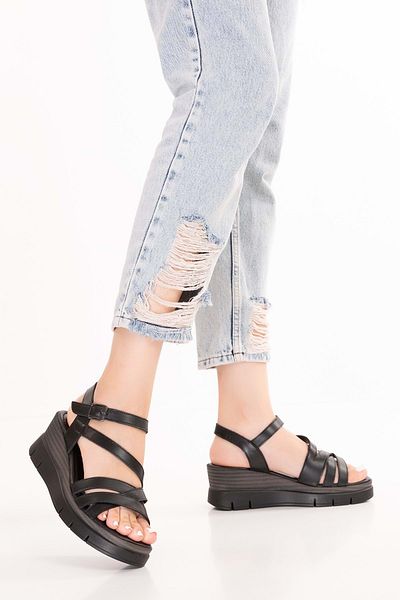 Gondol Women's Genuine Leather Platform Heels Comfortable Daily Sandals Tlh.1055 Black