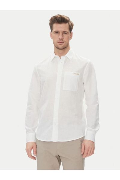 Calvin Klein Bright White Men Linen Cotton Long Sleeve Shirt