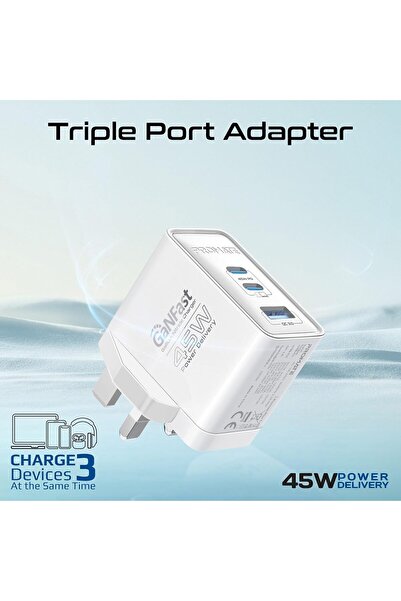 Promate 45W Power Delivery GaNFast™ Charger, Dual USB-C 45W Ports, and Quick Charge USB-A 22.5W Po