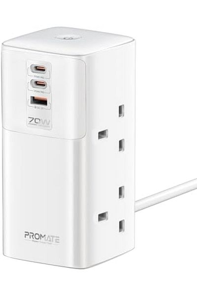 Promate محطة شحن عالمية 70 وات متعددة المنافذ مع منفذي USB-C ومقابس تيار متردد رباعية 2500 وات، برجية