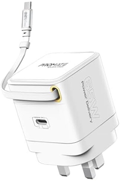 Promate GaNFast™ Charger 65W With USB-C Port, Built-In Retractable Cable, Surge Protection, Multi-