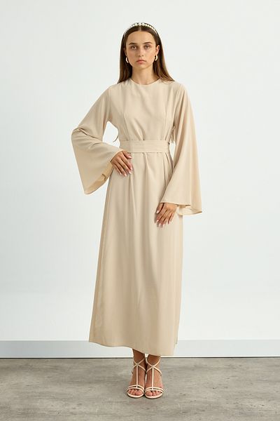 Birgül Bektaş Beige Sleeve Flounce Belted Dress
