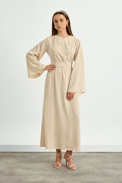 Birgül Bektaş Beige Sleeve Flounce Belted Dress