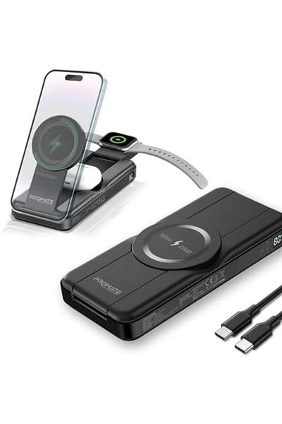 Promate Power Bank 10000 MaH with Foldable Design, 15W MagSafe Compatible Charger, 2W Apple Watch Ch