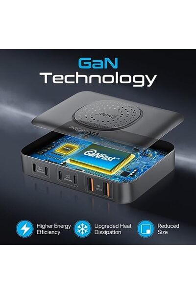 Promate Charging Station, 7-in-1 GaNFast 100W Laptop Charger with 4 Power Delivery USB-C Ports, Dual