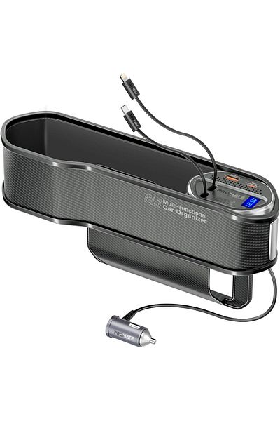 Promate 6 in 1 Multi-Functional Car Organizer, 65W Charging Station With 20W Lightning Retractable C