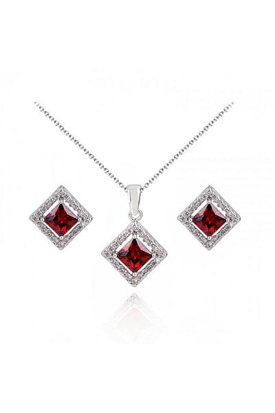 Kelan Women's Silver Set With Ruby Rhombus Crystals – Earrings And Necklace