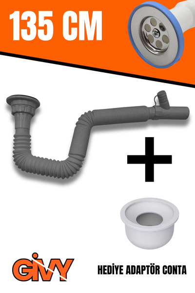 GİVY Rakorlu Körüklü Tahliyeli Lavabo Sifonu | Uzun 135 Cm | Esnek & Sızdırmaz