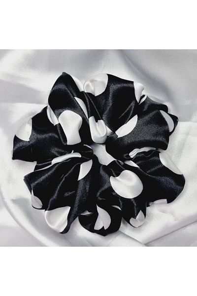 Alma Elastic de par XL din satin matasos delicat cu parul, Negru cu buline albe