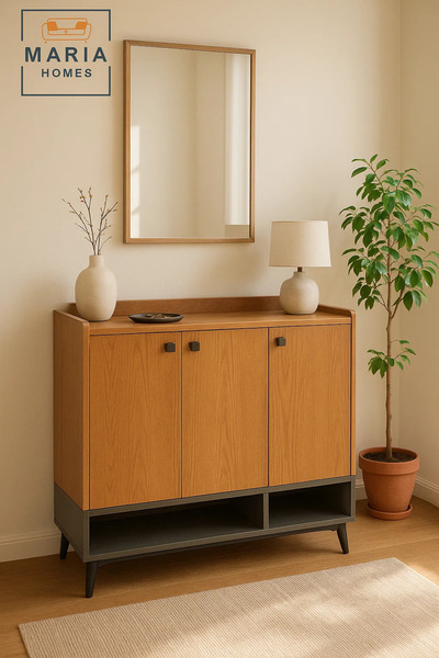 MARIA HOMES خزانة أحذية خشبية كبيرة بثلاثة أبواب ورف سفلي مفتوح - منظم مدخل عصري