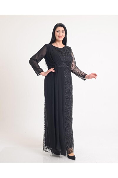 LİLAS XXL 9566 Büyük Beden Şifon Detay Simli Kabartmalı Uzun Kollu Elbise