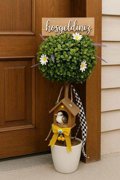 Marrone Şimşir Ağacı Kuş Yuvası Lavantalı Papatyalı Kapı Dekoru Hoşgeldiniz 50 cm