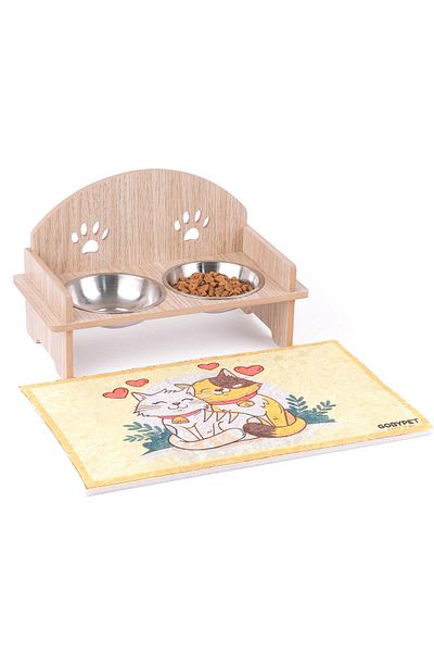 GOBYPET Wooden Cat Dog Food Water Bowl Stand, Metal Water Bowl, Cat Dog Carpet