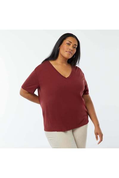 KIABI Basic plain V-neck T-shirt RED